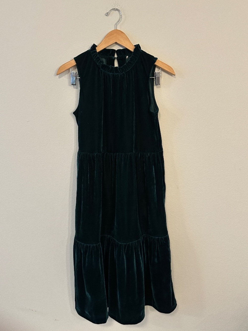 J.Crew Velvet Tiered Midi Dress Green Ruffle Neck Sleeveless No Size Tag
